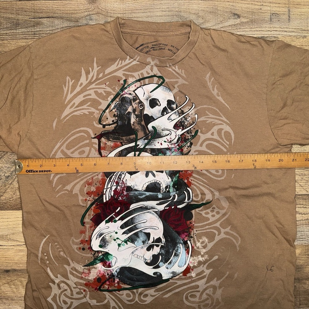 Ring Of Fire Skull Skeleton Graphic T-shirt Women Large Brown Short Sleeve Y2K - Picture 4 of 5